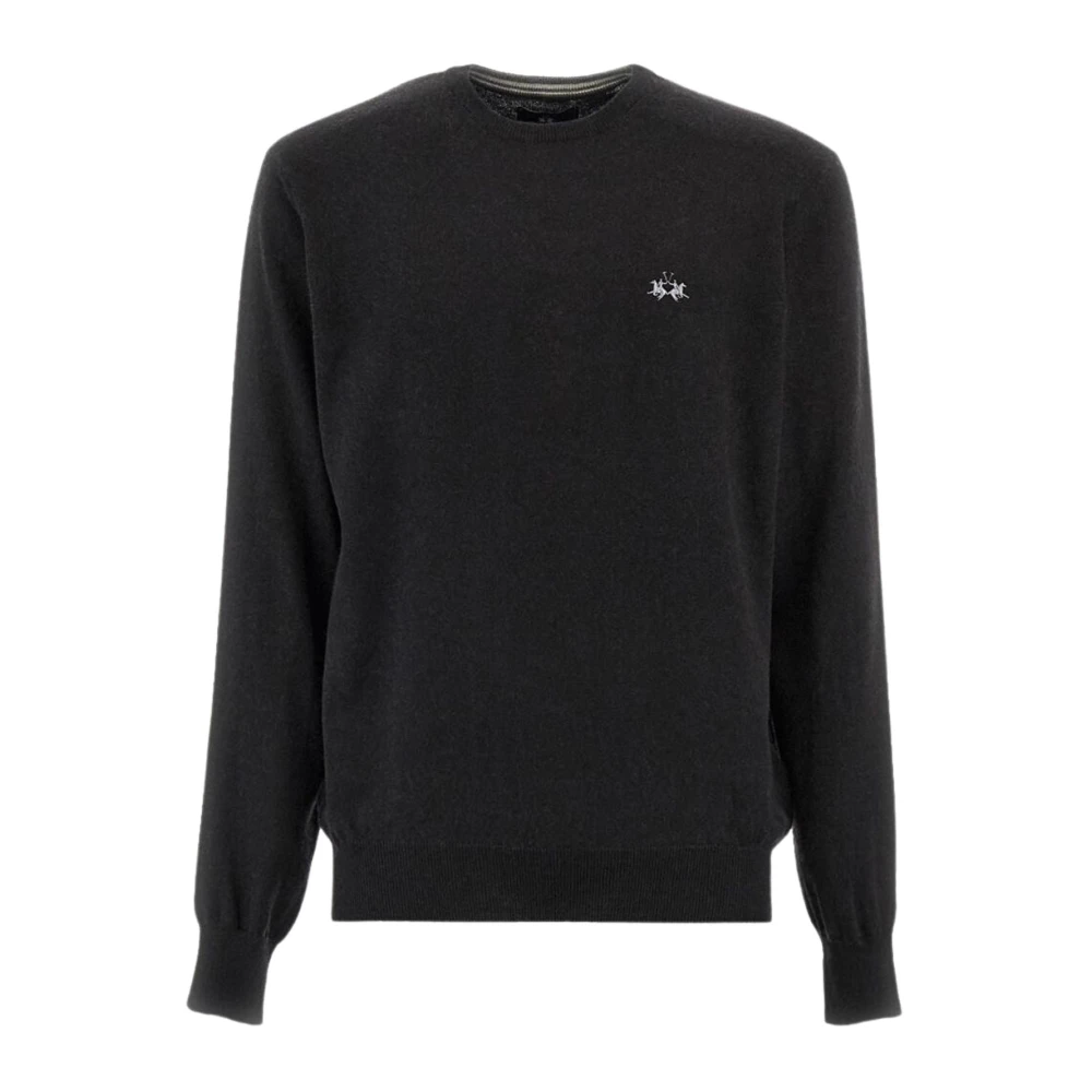 La Martina Men's Black Round-Neck Knitwear, Xl, Embroidered Logo Crew Neck Jumper