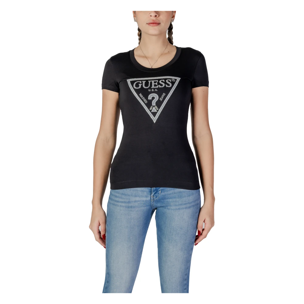 Guess Women's Black Sparkling Logo Tee Short Sleeve Extra Large