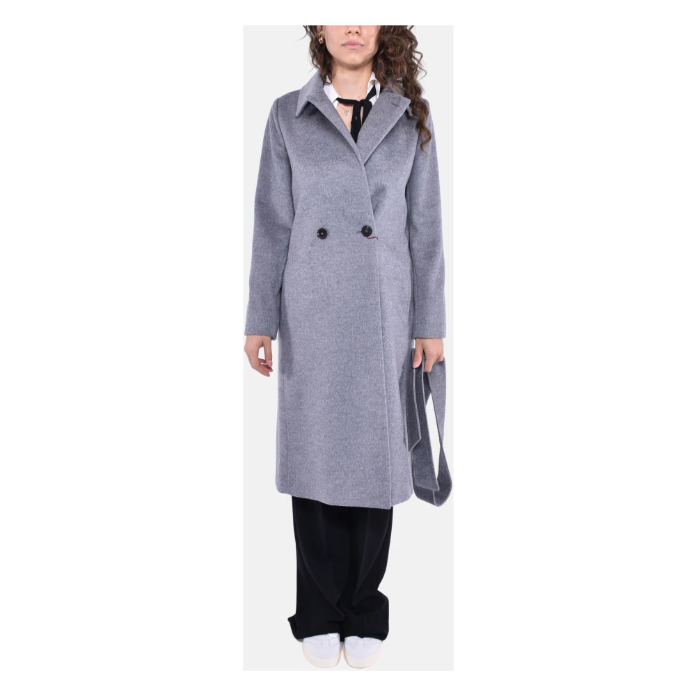 Max Mara Studio Wollen jas met dubbele rij knopen en riem Gray Dames