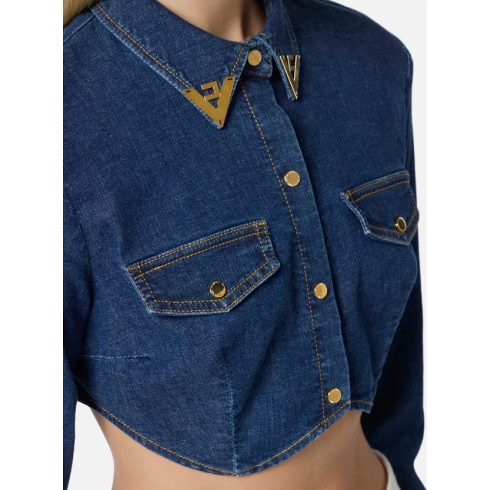 Elisabetta Franchi Blauwe Denim Cropped Shirt met Juweel Details Blue Dames