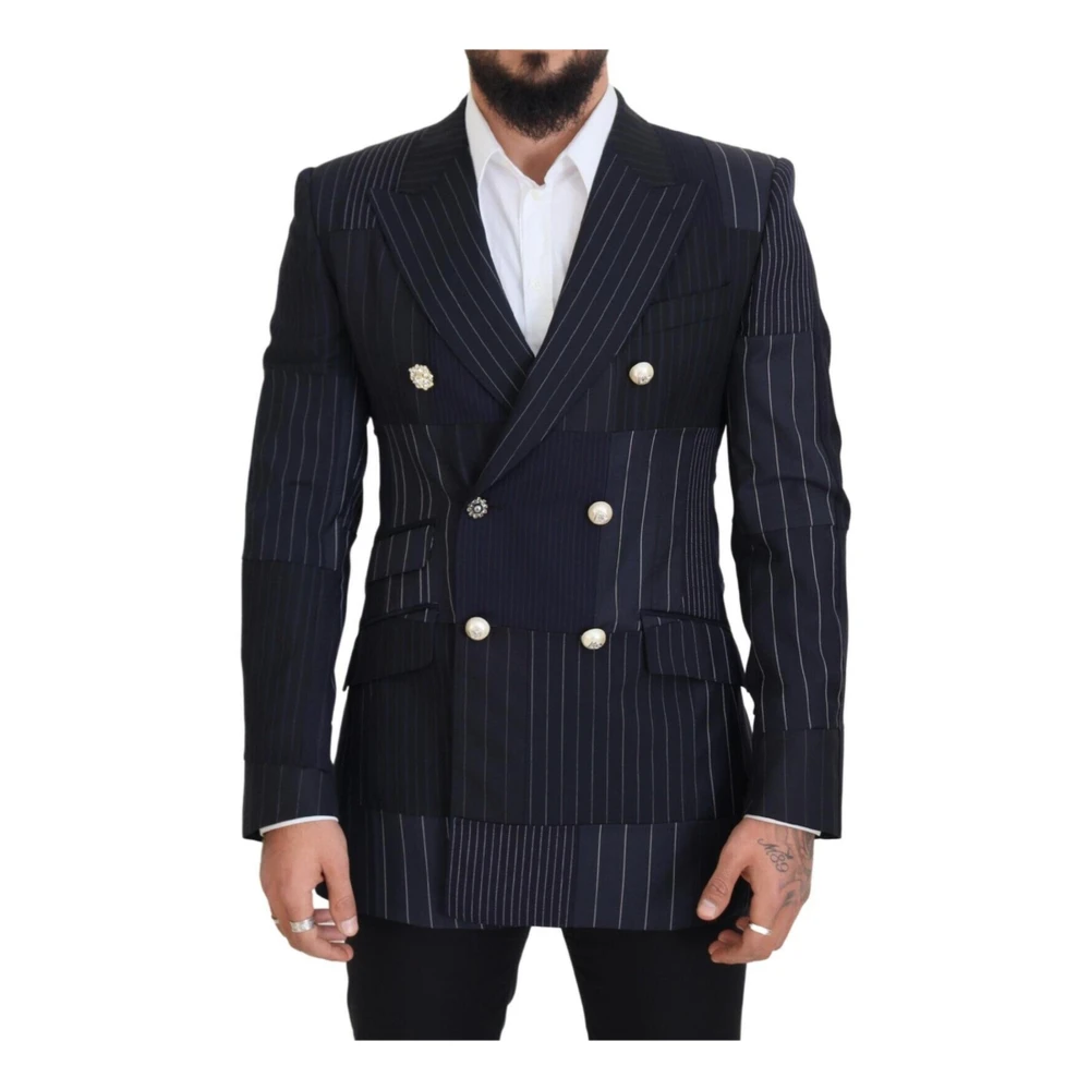 Dolce & Gabbana Marinblå Peak Revers Ull Blazer Multicolor, Herr