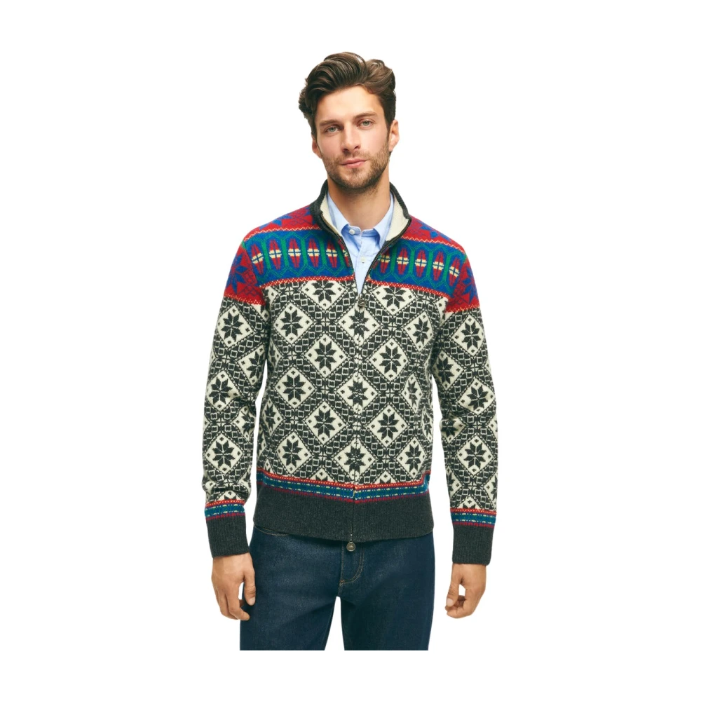 Brooks Brothers Multi-gekleurde lamswollen cardigan trui Beige Heren
