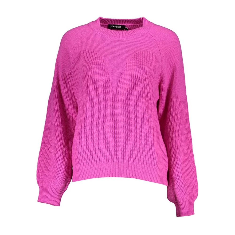 Desigual Women's Pink Round-Neck Knitwear, 2XL, Turtleneck Jumper With Contrast Details And Logo Embellishment