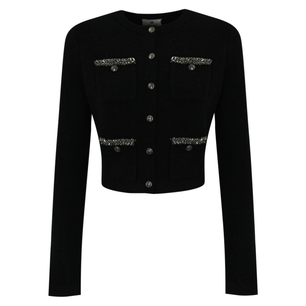 Elisabetta Franchi Zwarte Wol Boucle Vest Metalen Knoop Black Dames
