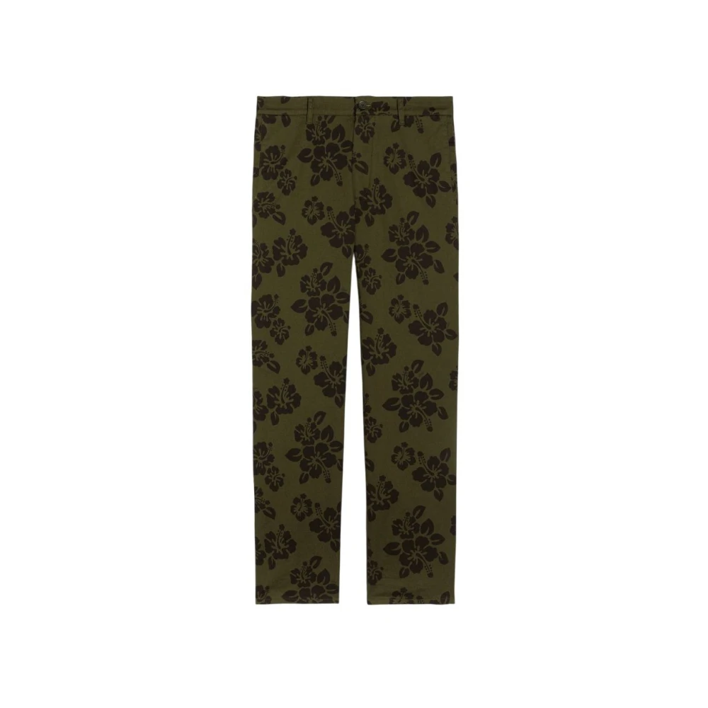 Aspesi Men's Green Straight Trousers, L, Hibiscus Print Khaki Trousers