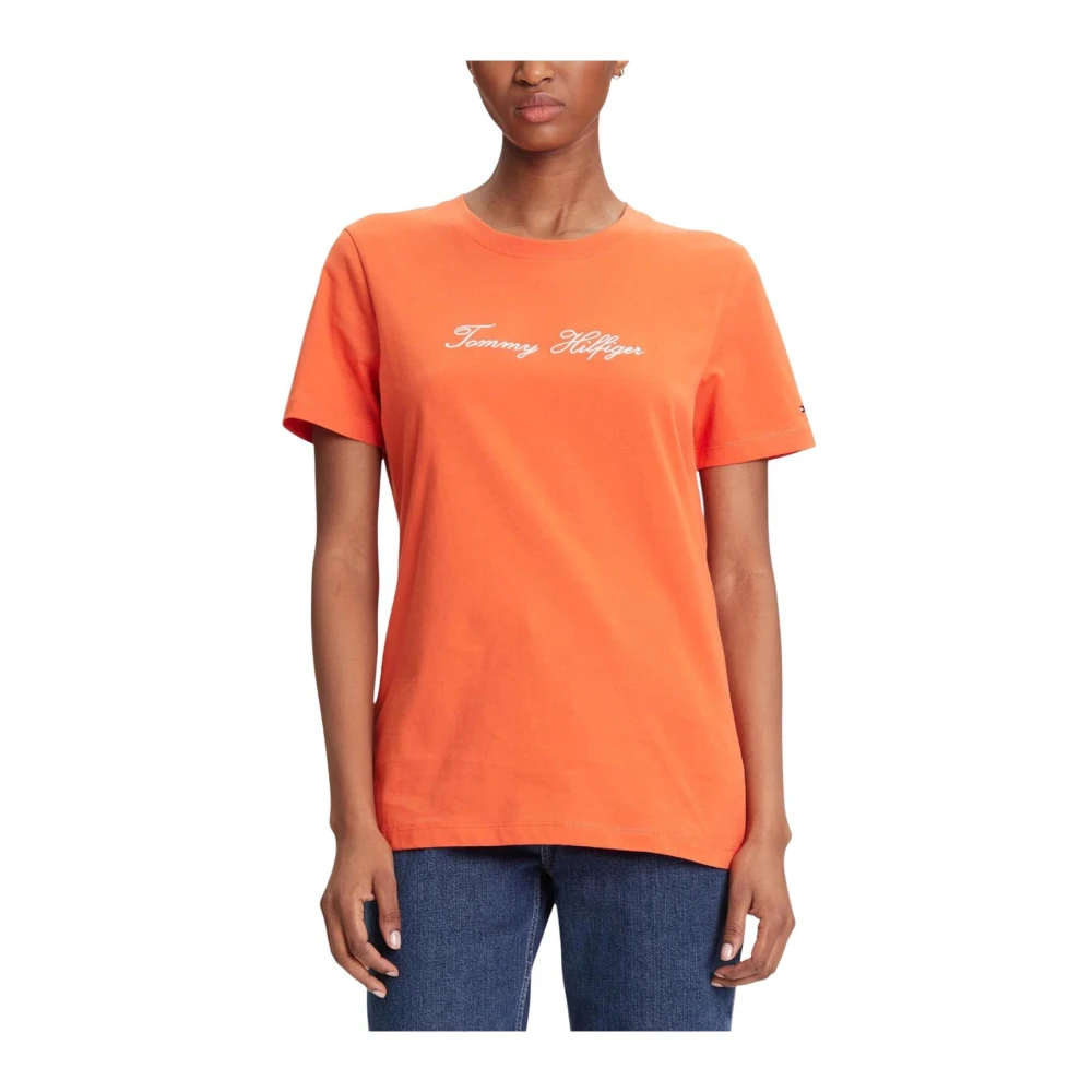 Tommy Hilfiger Women's Orange Logo Embroidery Crew Neck T-Shirt - T-Shirts - Xs- Tops