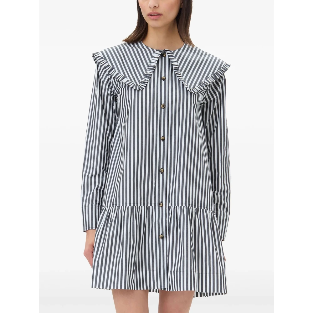 Ganni Gestreepte Grote Kraag Mini Overhemdjurk Black Dames