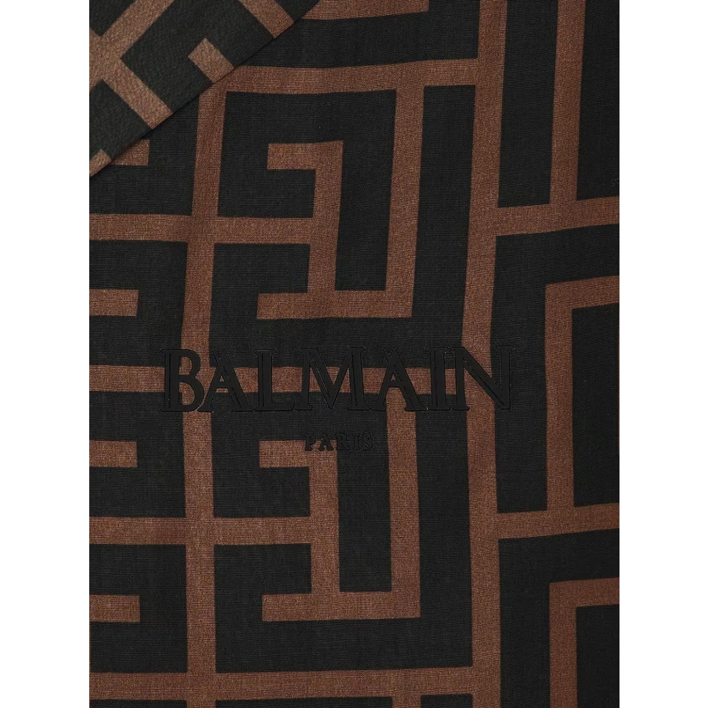 Balmain Monogram Print SS Overhemd Donkerbruin Zwart Brown Heren