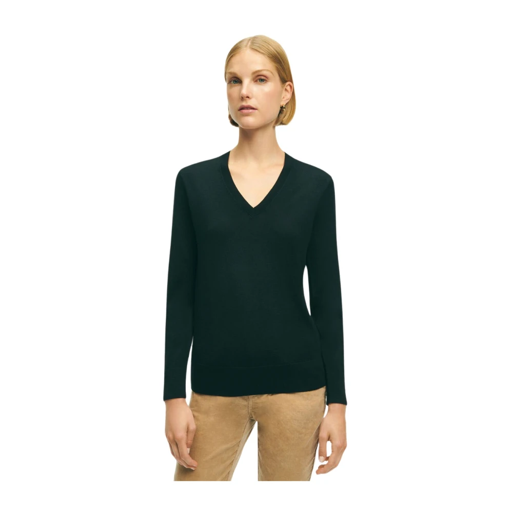 Brooks Brothers Women's Black V-Neck Knitwear, M, Merino-Wool V-Neck Jumper