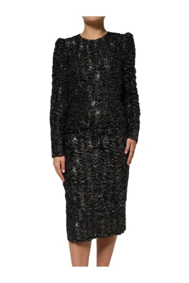 Paljett Tweed Sheath Klänning med Draperad Överdel