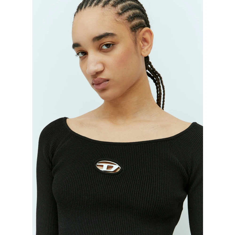 Diesel Ribgebreide Crop Top met Logo Black Dames