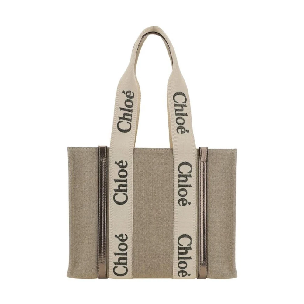 Chloé Linnen schoudertas met leren details Beige Dames