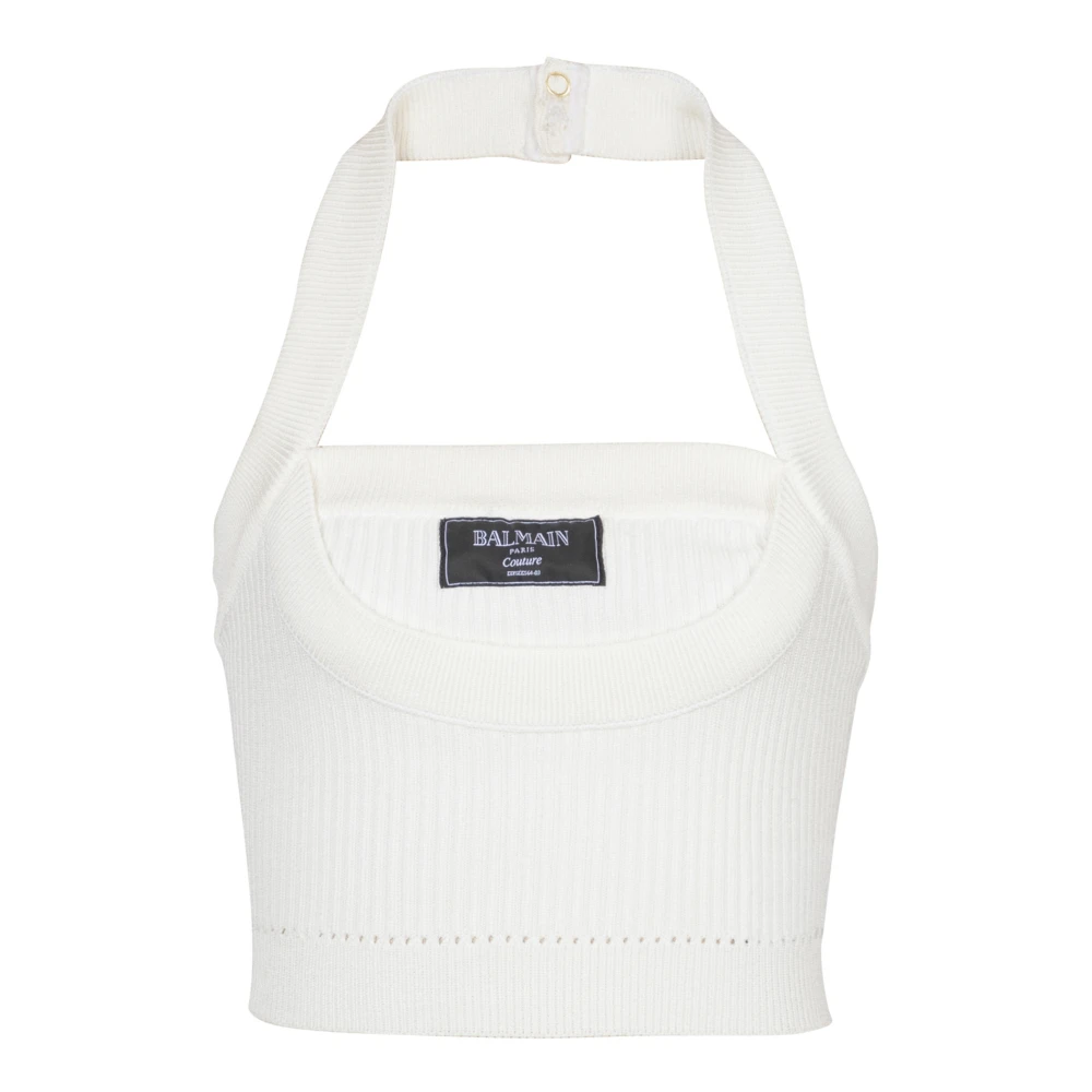 Balmain Geribbelde gebreide halternek top White Dames