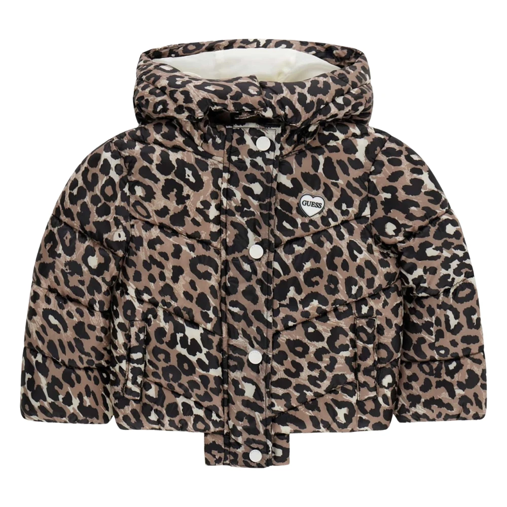 Guess , Winter Jackets, Female, Brown, 6 Y, Leopard Print Hooded Puffer Jacket