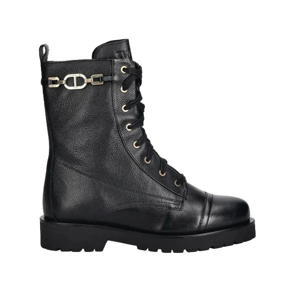 Twinset Black Lace-Up Boots, Female, 4 Uk, Leather Combat Boots With Chain And Oval T