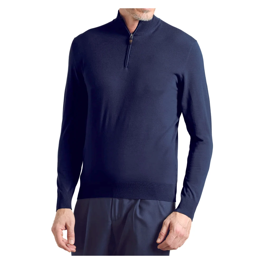 Colombo Blauwe Wol Half-Zip Sweater Blue Heren