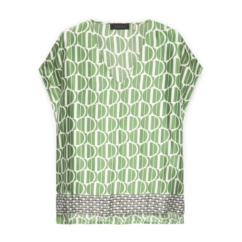 Elena Mirò Geometrische Print Satijnen Blouse Green Dames