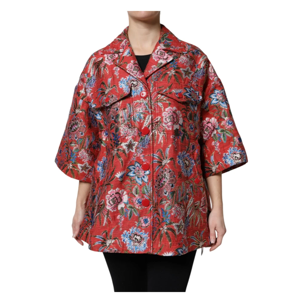 Dolce & Gabbana Vrouw Multicolor Overhemden Dames, Veelkleurig, Xs, Katoen, Rode Jacquard Bloemen Blousejas Met Knopen
