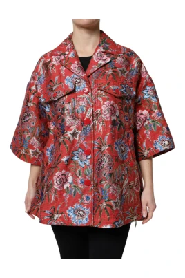 Röd blommig jacquard-kappa med knäppning