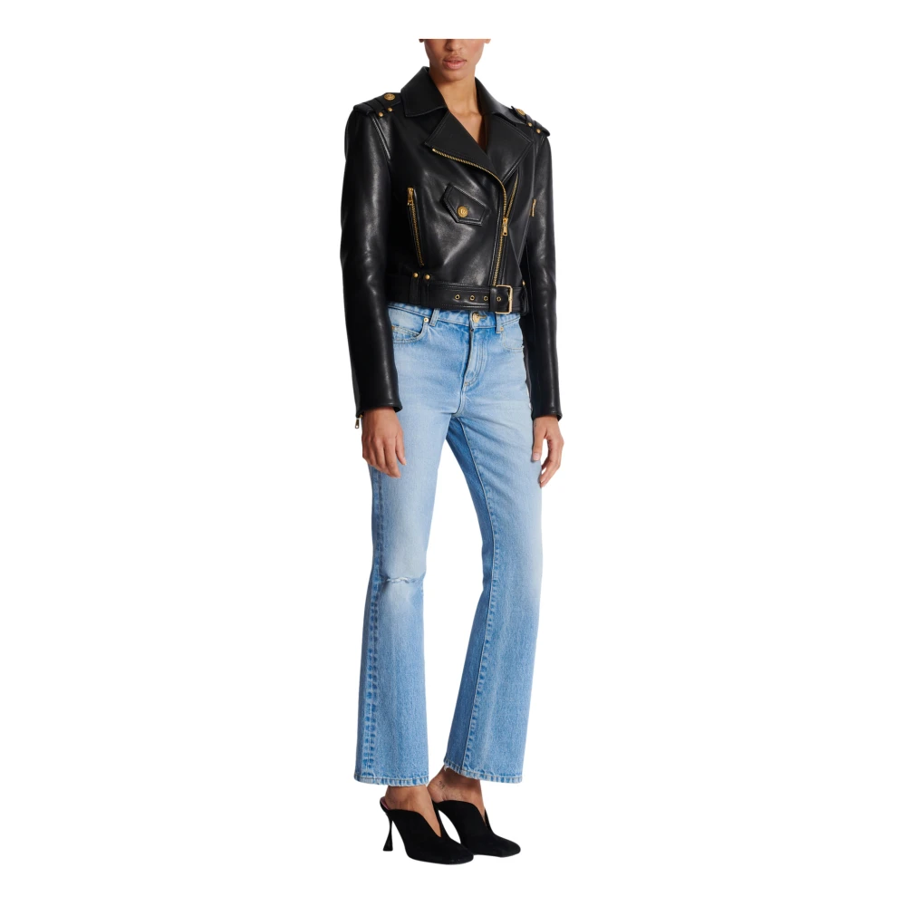 Balmain Leren bikerjack met rits Black Dames