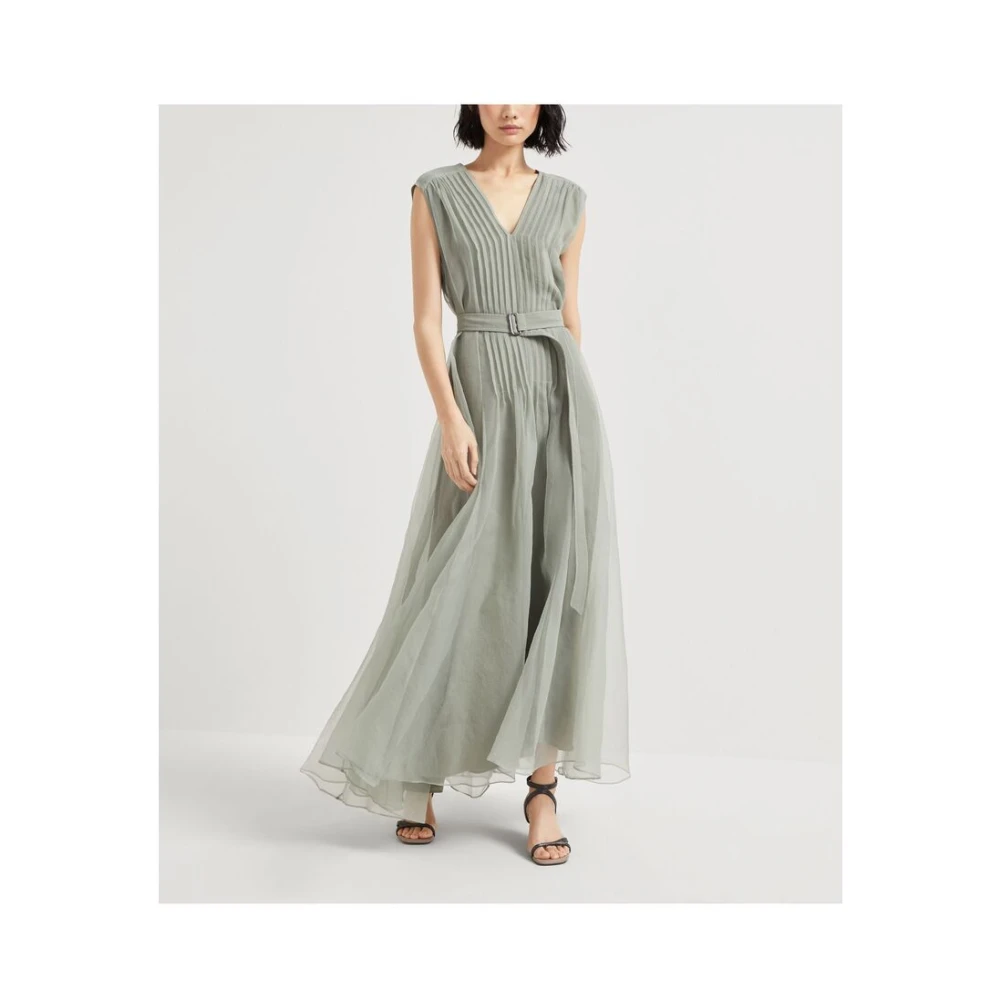 BRUNELLO CUCINELLI Salie Groene Mouwloze V-hals Jurk Green Dames
