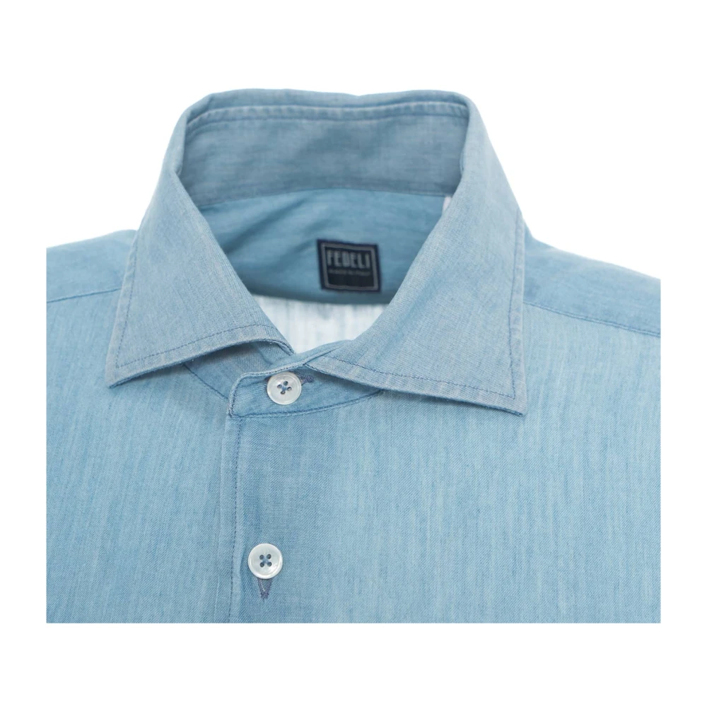 Fedeli Blauw Fijn Katoenen Overhemd Spreid Kraag Blue Heren