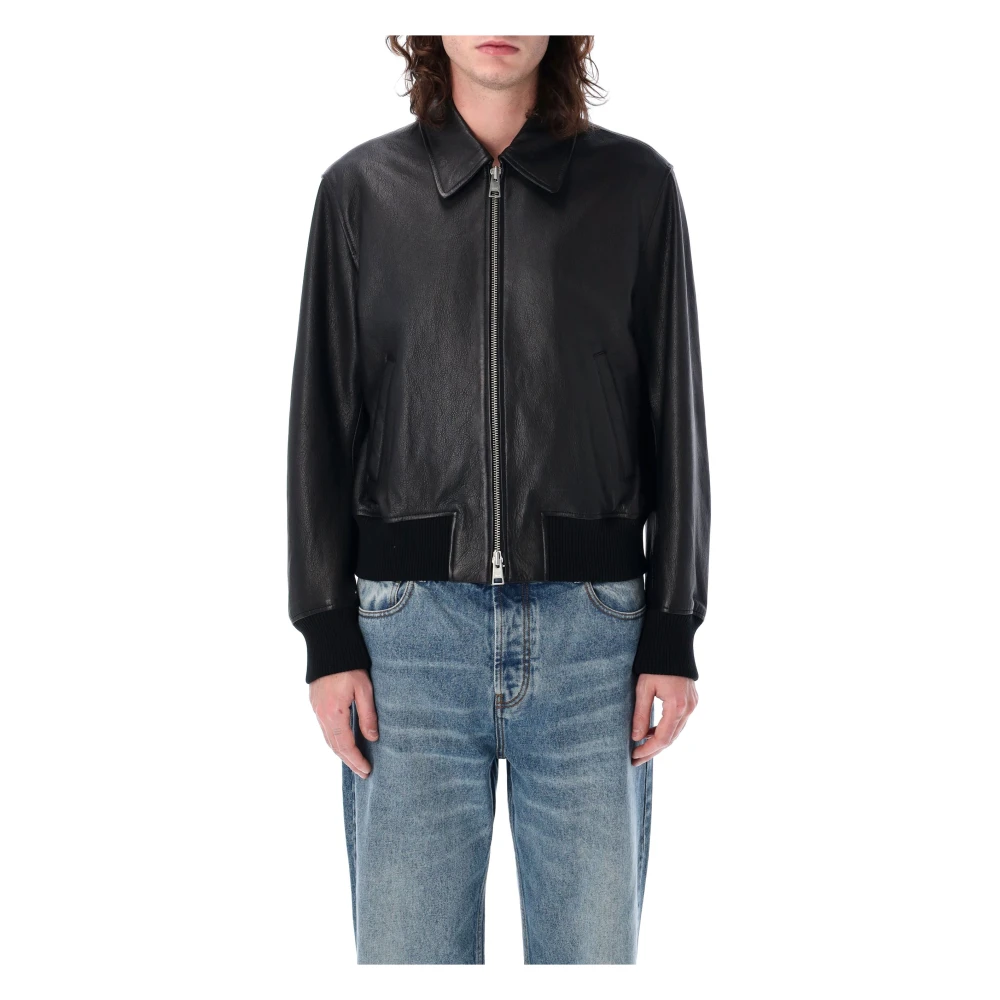 Ami Paris Zwarte leren jas met rits Ss25 Black Heren