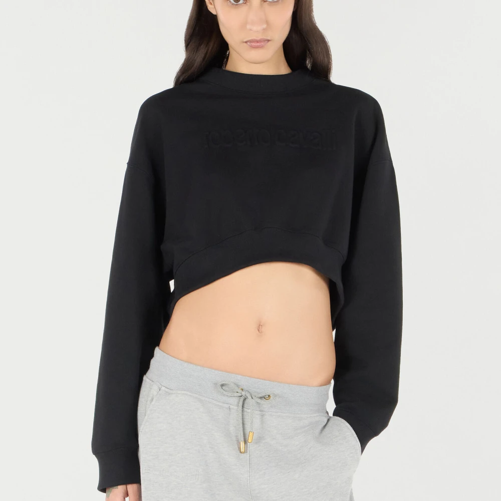 Roberto Cavalli Logo Geborduurde Cropped Sweatshirt Black Dames