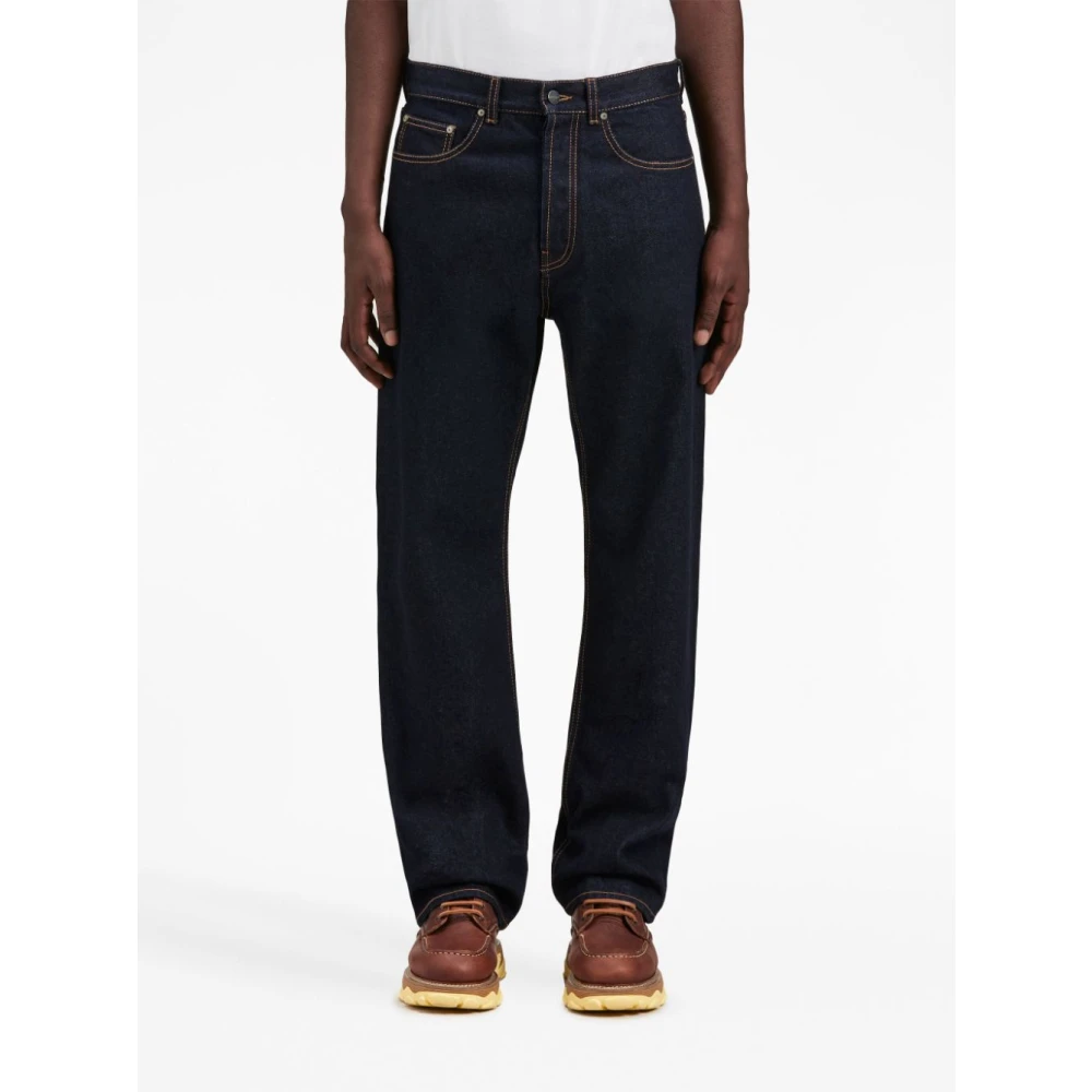 Palm Angels Navy Blue Logo Raw Wash Loose Blue Heren