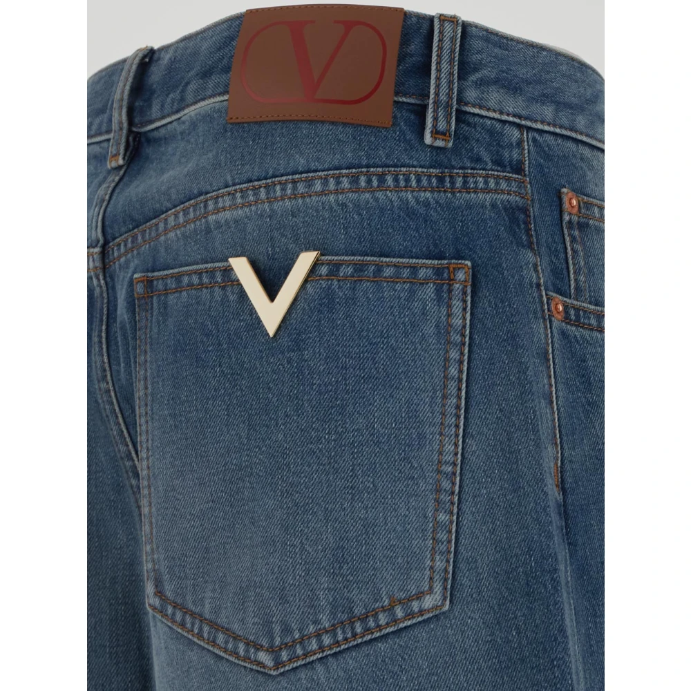 Valentino Blauwe Denim Straight-Leg Jeans met Goud-Finish V-Details Blue Dames