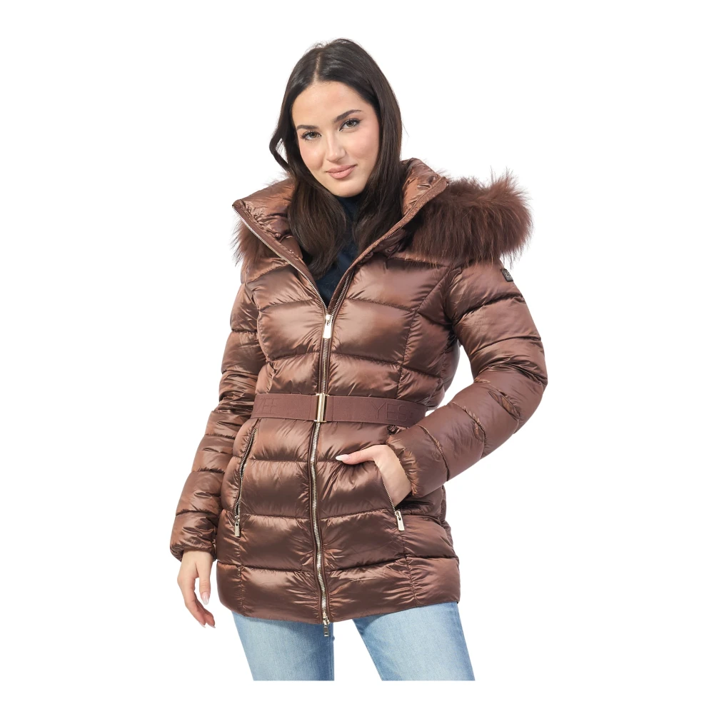YES ZEE Gewatteerde Bruine Jas met Bontcapuchon Brown Dames