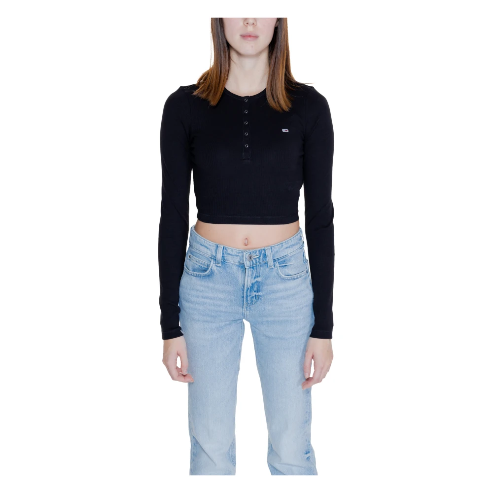 Tommy Jeans Henley T-Shirt Dames Katoen Elastaan Black Dames
