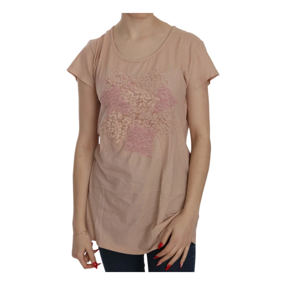 Pink Memories , T-Shirts, Female, Pink, M, Cream Lace Short Sleeve Blouse