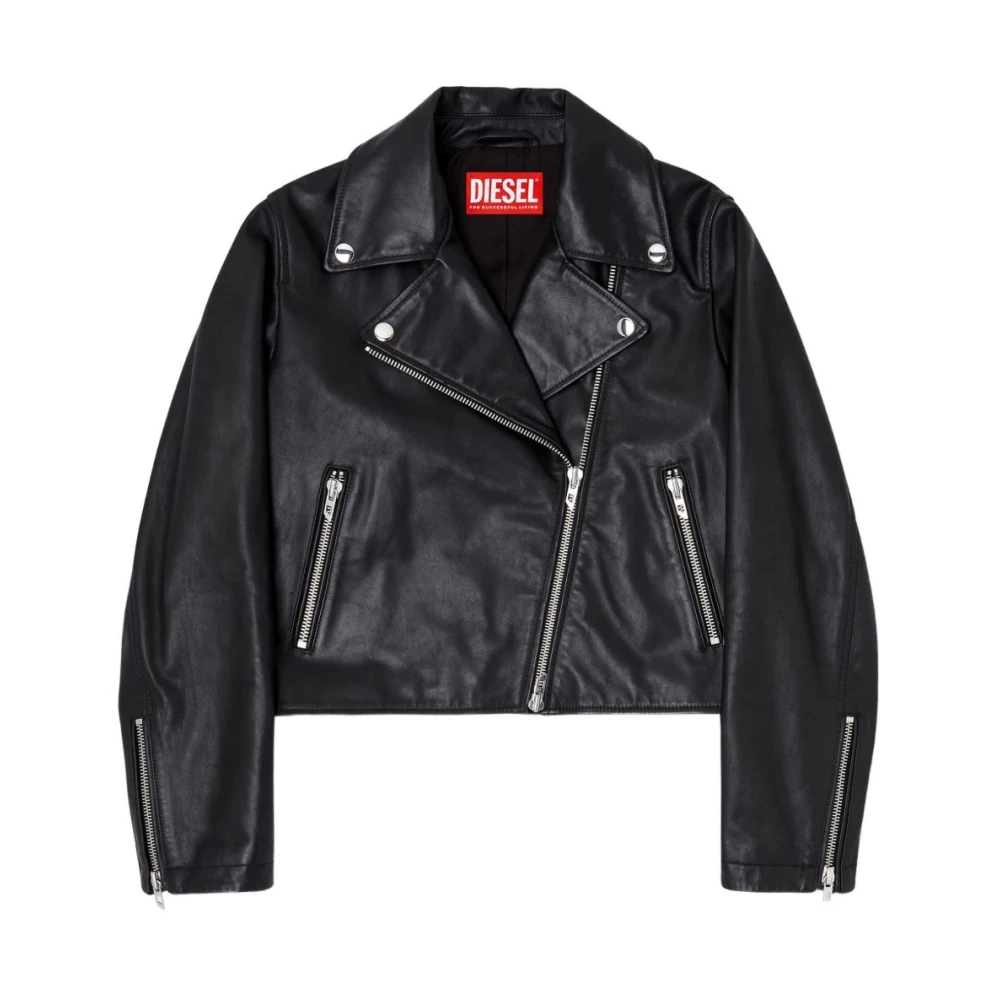 Diesel Donna Nero Giacca Di Pelle Con Zip