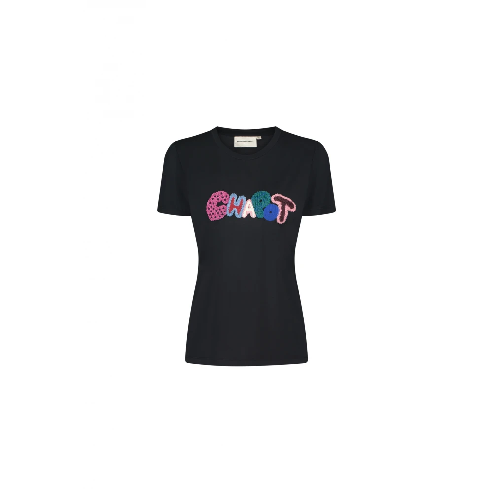 Fabienne Chapot Zwart T-shirt met Ronde Hals en Borduursel Black Dames