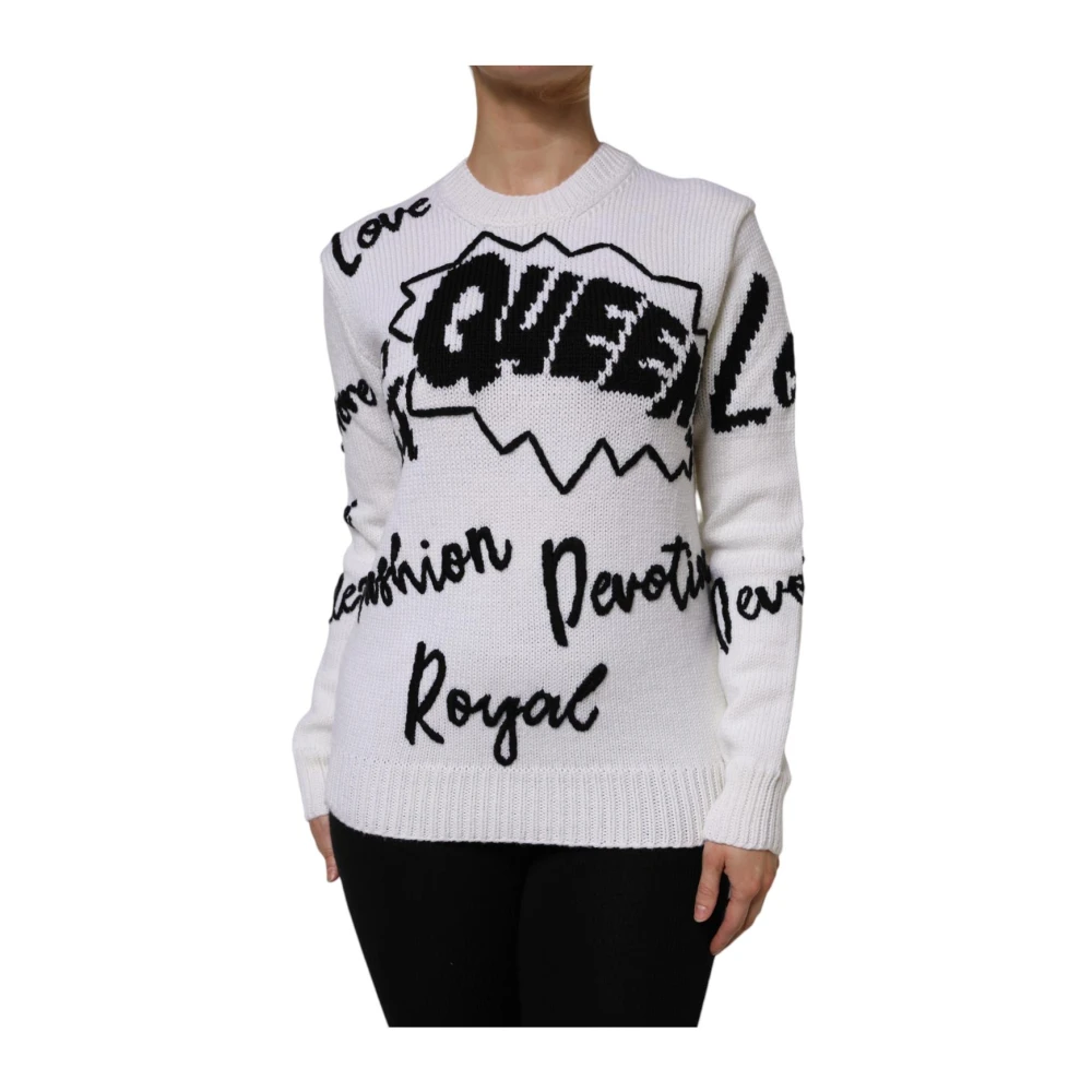 Dolce & Gabbana Women's White Round-Neck Knitwear, M, Wool Knit Crew Neck Jumper