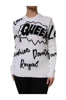Vit Ullstickad Crew Neck Tröja