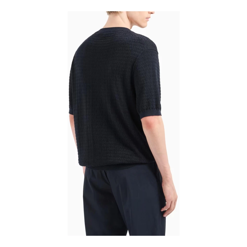 Emporio Armani Lettering Intarsio Sweaters Korte Mouw Geribbeld Blue Heren