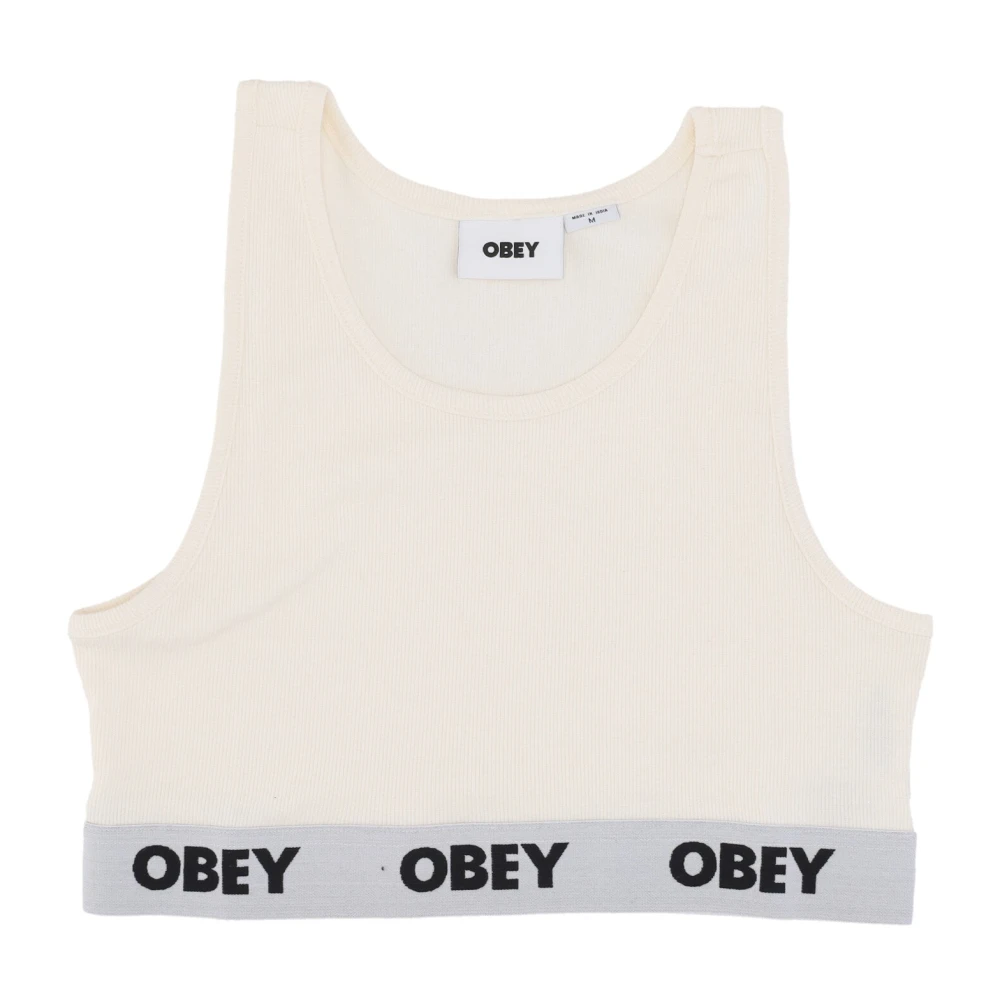 Obey Women's Beige Sleeveless Tops, M, Rib Tank Top With Logo Elastic