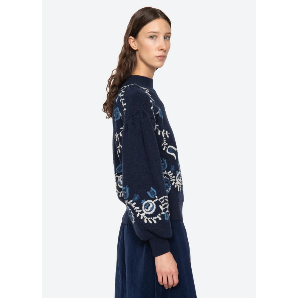 Sea NY Bloemen Geborduurde Trui Blue Dames