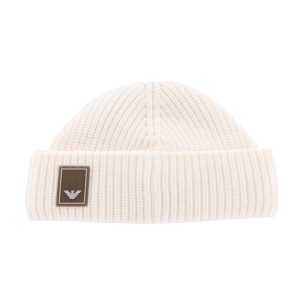 Emporio Armani Men's White Accessories, L, Cream Patched Brown Wool Beanie