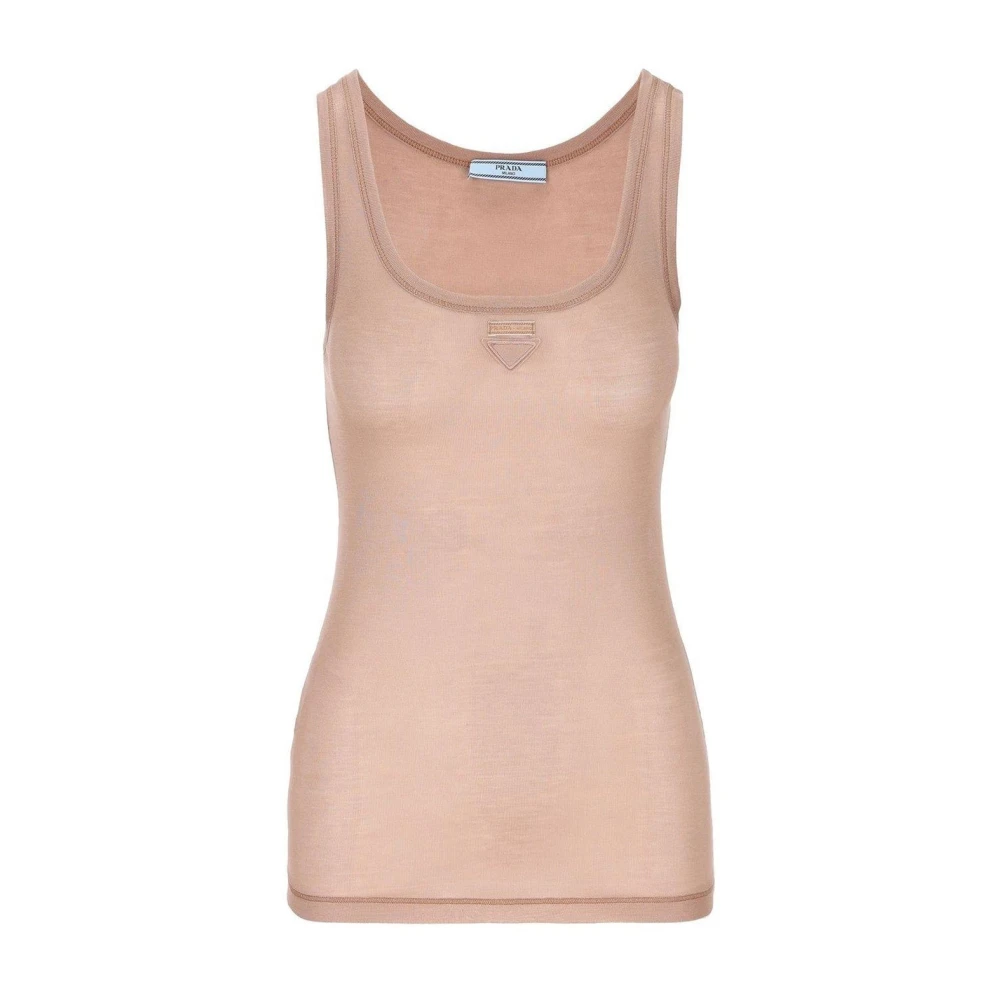 Prada , Sleeveless Tops, Female, Beige, M, Sleeveless Logo Top