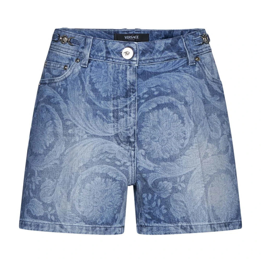 Versace Abstract Patroon Denim Shorts Blue Dames