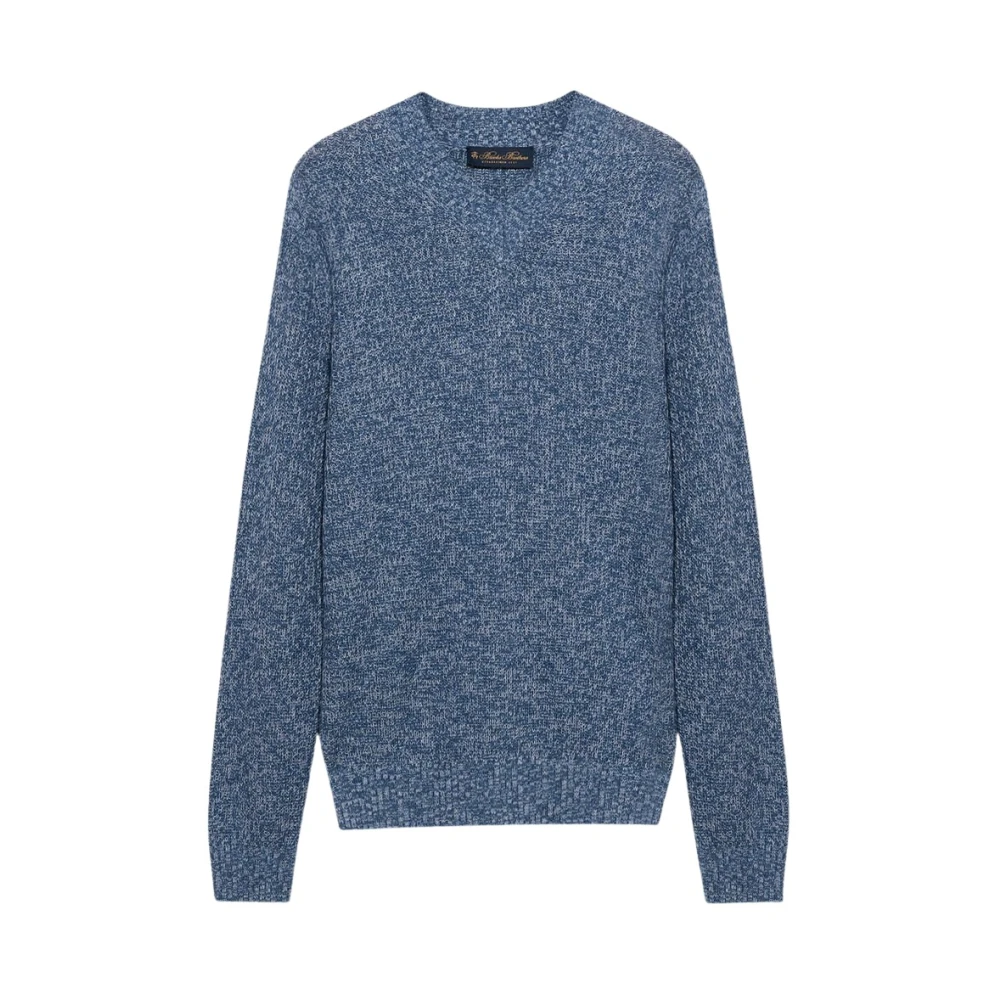 Brooks Brothers Men's Blue V-Neck Knitwear, L, Cotton-Linen V-Neck Mouliné Jumper