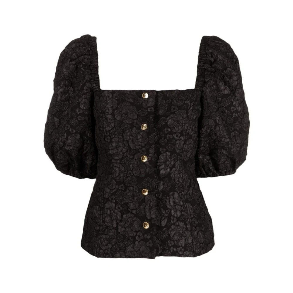Ganni Stretch Jacquard Aansluitende Blouse Zwart Black Dames