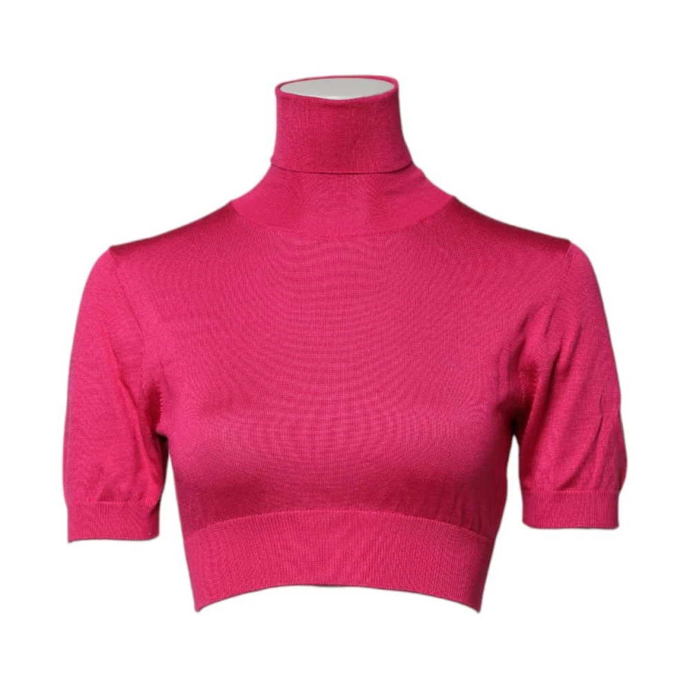 Dolce & Gabbana Women's Pink Turtlenecks, M, Silk Knit Cropped Turtleneck Top