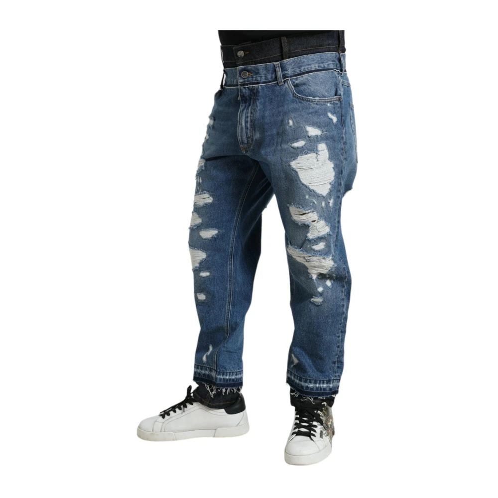 Dolce & Gabbana Men's Blue Slim Fit Jeans, L, Stylish Tattered Denim Jeans