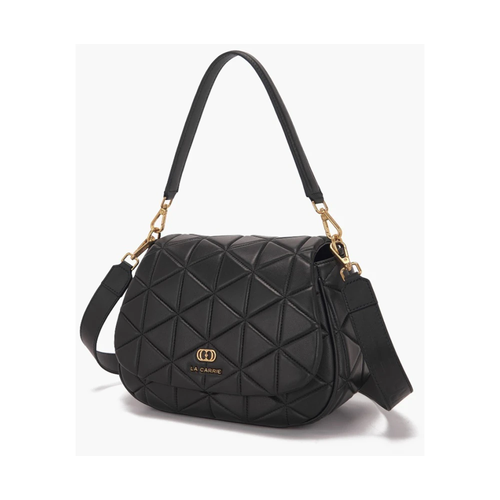 La Carrie Zwarte leren schoudertas met voorflap Black Dames