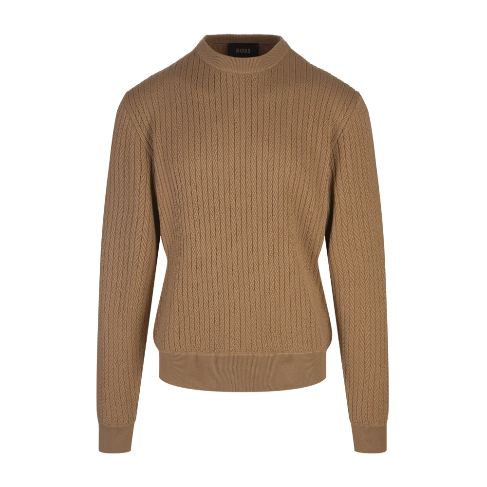 Hugo Boss Bruine Herringbone Crew Neck Sweater Brown Heren