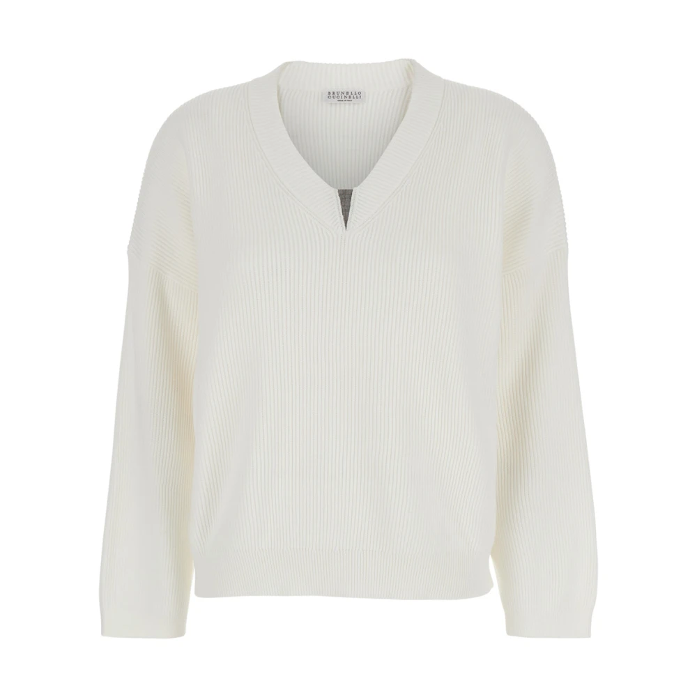 BRUNELLO CUCINELLI Witte V-hals trui met Monile detail White Dames